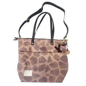 R.‎ Riveter Canvas Tote Bag Giraffe Print Brown Leather Straps Handmade USA